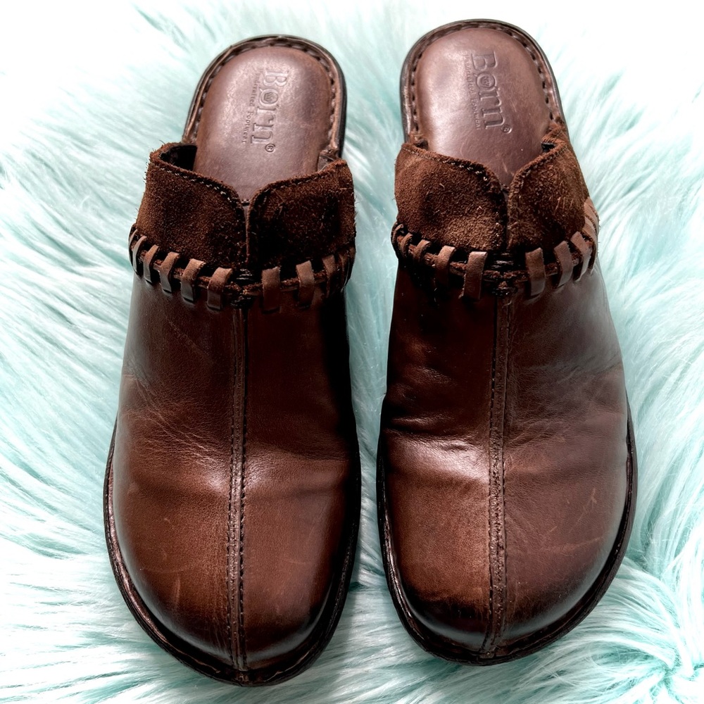 Born Brown LEATHER Clogs Womens Slip On Artisan Comfort Mules - Picture 2 of 16